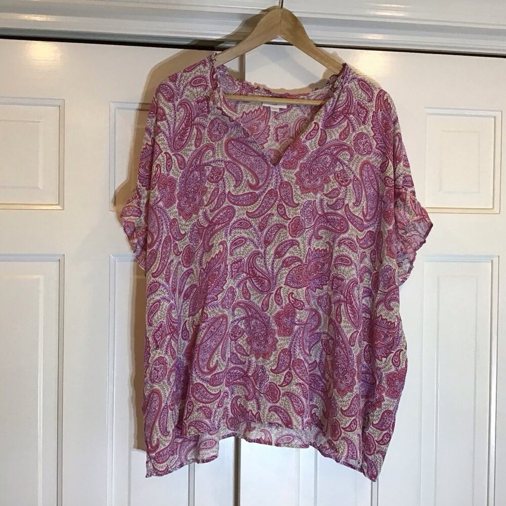 J Jill Women’s 2XL Paisley Blouse Lightweight Summer Office Coastal Feminine